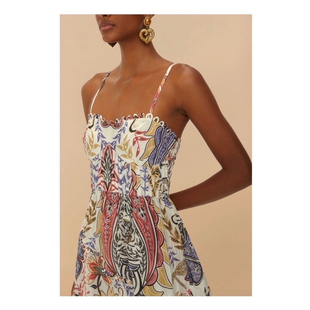 FARM Rio S NWT Boho Paisley Floral Tiered Glam Maxi Dress Scallop Ruffle Wedding - Picture 2 of 14